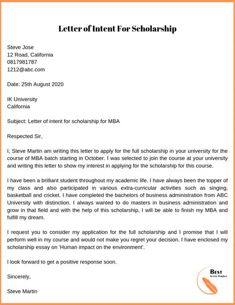 How To Write A Letter Of Intent For A Scholarship .